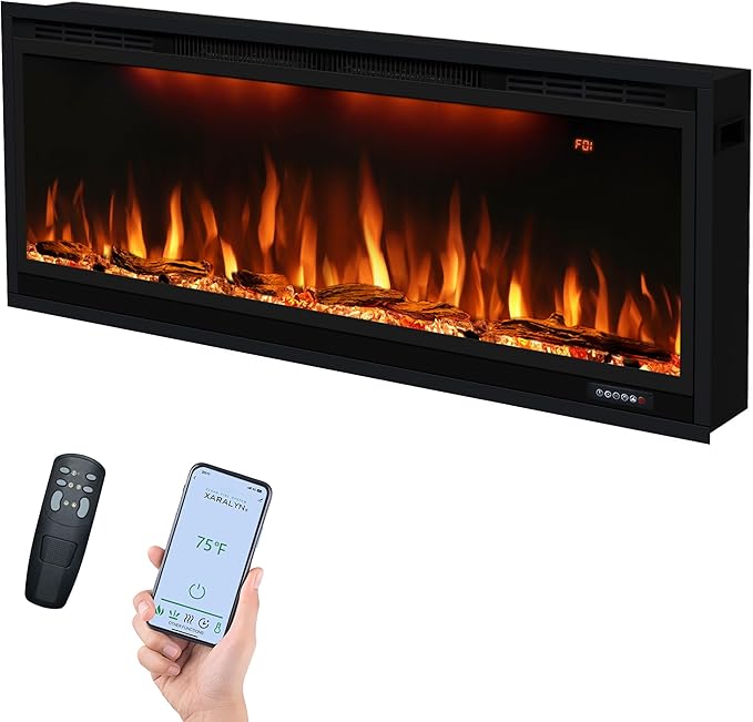 42 inch Smart Electric Fireplace with App Control, Wall Mount & in Wall recessed Fireplace Inserts, Multicolor Flame w/Realistic Log &Crystals, Overheating Protection and Timer, 750W/1500W, Black