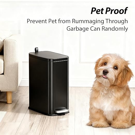1.6 Gallon Bathroom Trash Can with Lid Step Pedal, Soft Close, Small Black Stainless Steel Garbage Can with Removable Inner Bucket, Slim Fit for Narrow Spaces Bedroom Office
