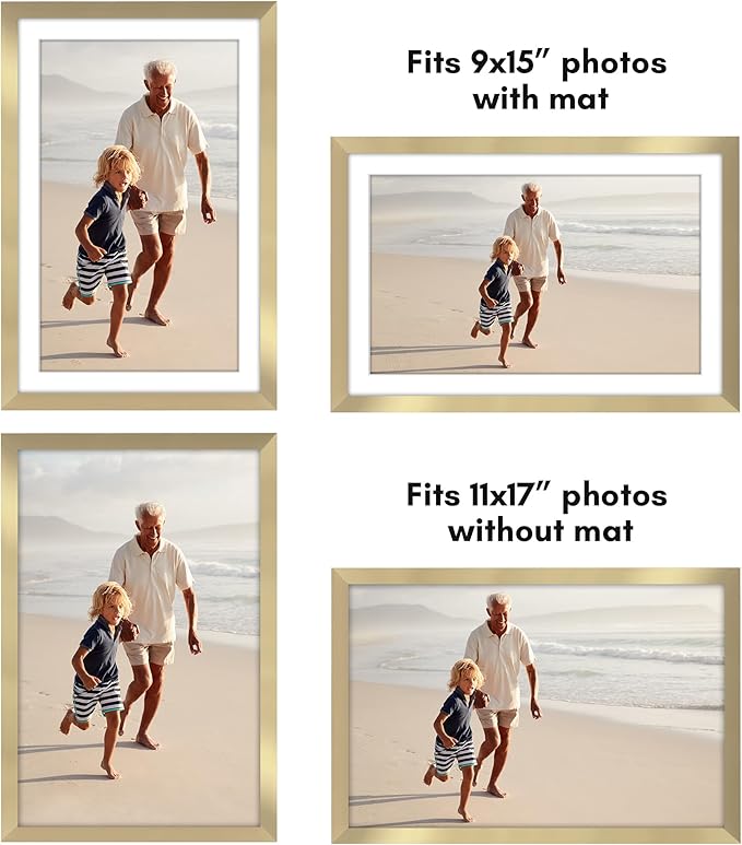 Americanflat 11x17 Picture Frame with Polished Plexiglass - Set of 5 - Use as 9x15 Frame with Mat or Display 11x17 Photo Without Mat - Galleria Collection - Picture Frames for Wall Display - Gold