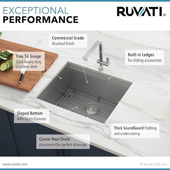 Ruvati 21-inch Workstation Bar Prep Undermount 16 Gauge Ledge Kitchen Sink Stainless Steel Single Bowl - RVH8307