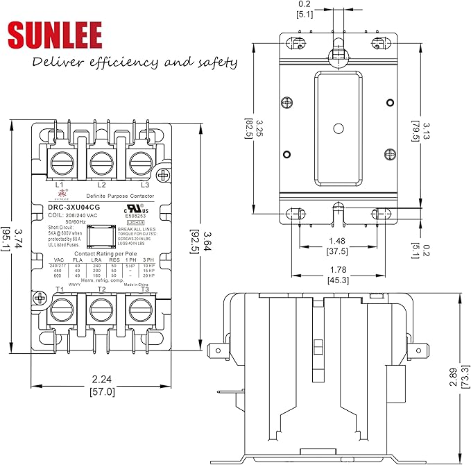 SUNLEE 3 Pole 40 Amp contactor 240V coil UL Recognized A2L Compliant OEM fits Siemens 42CF35AG equivalent DP Contactor HVAC Contactor