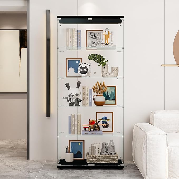 Yoluckea 5 Shelves Glass Display Cabinet with 2 Doors, Floor Standing Clear Glass Curio Cabinet Collection Display Case for Living Room Bedroom 73.82” x 31.69” x 14.37” Black