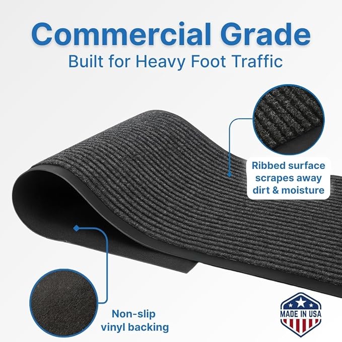 Consolidated Plastics Brush Dry Mat - Made in USA, Heavy-Duty Commercial DoorRug for Indoor/Outdoor Entryways, Non-Slip Backing for High-Traffic Areas (3' W x 10' L, Charcoal)
