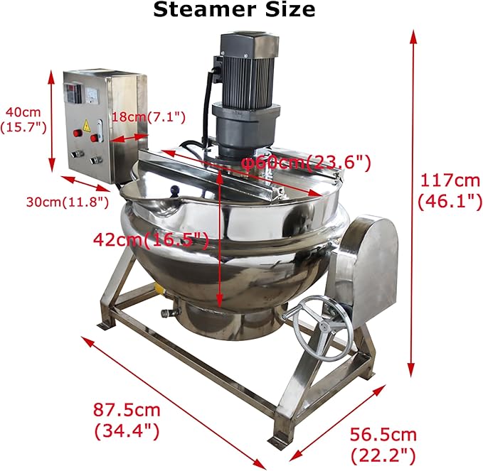 50L Jacketed Kettle 220V Commercial Electric Automatic Cooking Pot Tilting Jacketed Pot 750W Three Phase with Mixer for Soup Sugar Jam Chilli Tomato Sauce