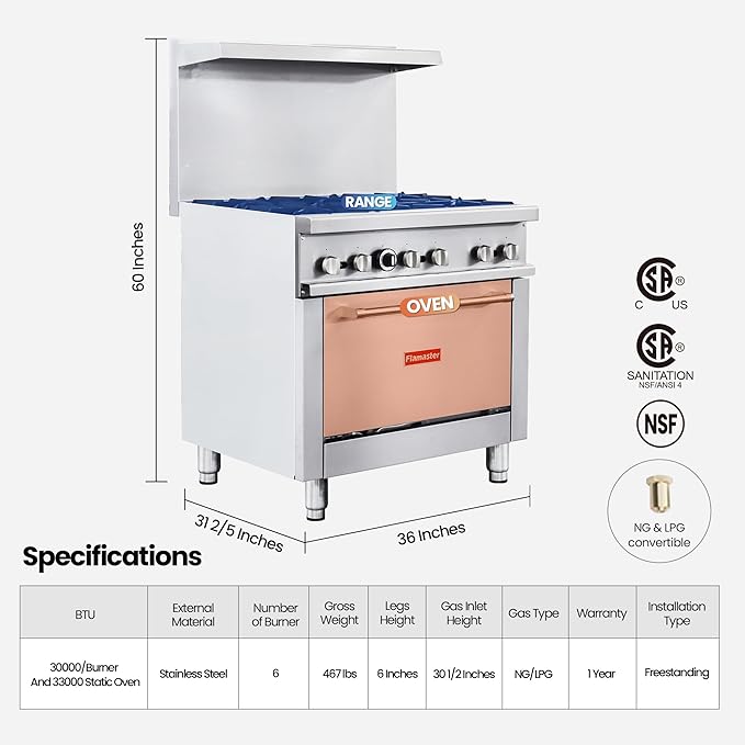 Commercial 36" Gas Range with Convection Oven, 6 Open Burners and Under Full Size Oven 180000 BTU & 33000 Static Oven,NG/LPG Conversion kit, Manual Gas Valve,Freestanding Gas Range for Restaurants