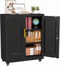 Metal Storage Cabinet-35” Tall Steel File Cabinets with Lockable Doors and Adjustable Shelves, Steel Tool Cabinet with Wheel for Home, School, Office, Garage Black