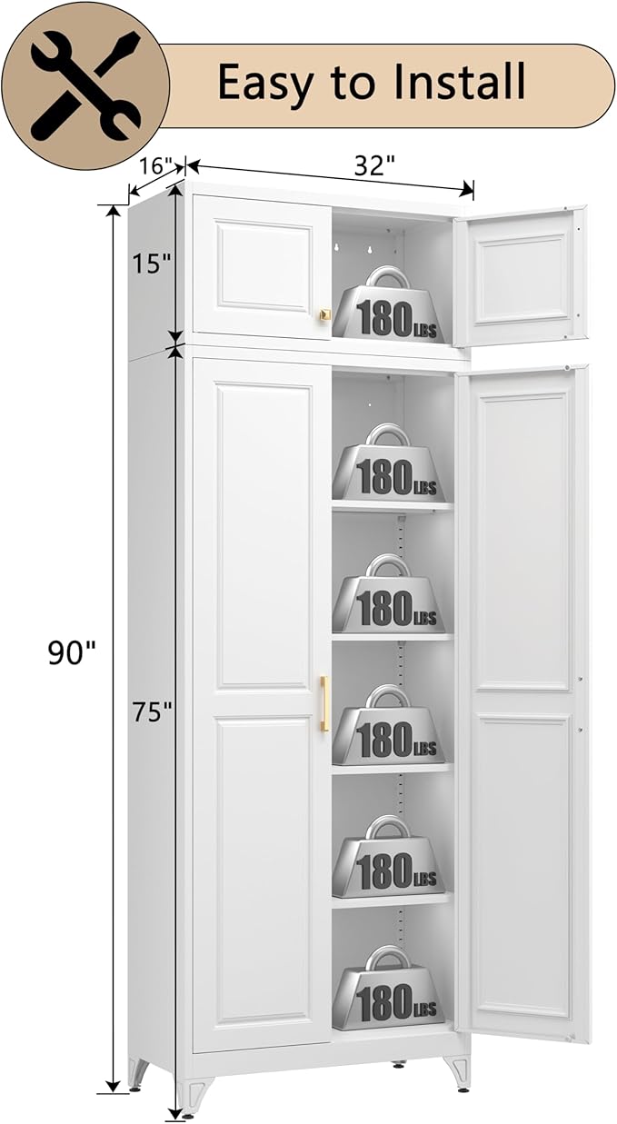 90” Tall Kitchen Pantry Cabinet,Metal Storage Cabinet with Doors and Adjustable Shelves,Modern Kitchen Hutch Cabinets,Freestanding Cupboard for Living Room