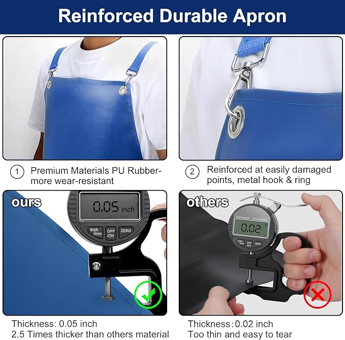 2 Pack Heavy Duty Vinyl Industrial Anti-Tear Apron, 43" x 26" Waterproof, Chemical Resistant, Blue, Unisex-Adults