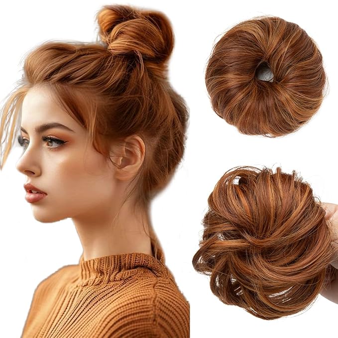 CJL HAIR 2PCs Small Cute Messy Bun Hair Piece for Thin Hair Women Mini Synthetic Curly Bun Scrunchies Updo Hairpieces Tizian Red
