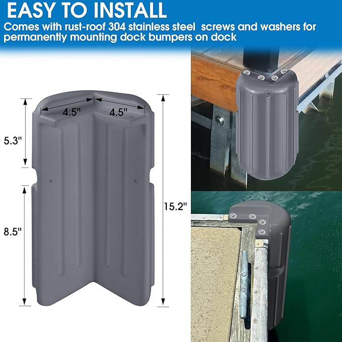 Dock Bumpers Dock Corner Bumper Fender Marine Boat Dock Bumpers for Edge Corner,Inflatable Dock Protection,Soft UV-Resistant Marine-Grade Vinyl,Stainless Steel Mounting Hardware Included,8"x16"