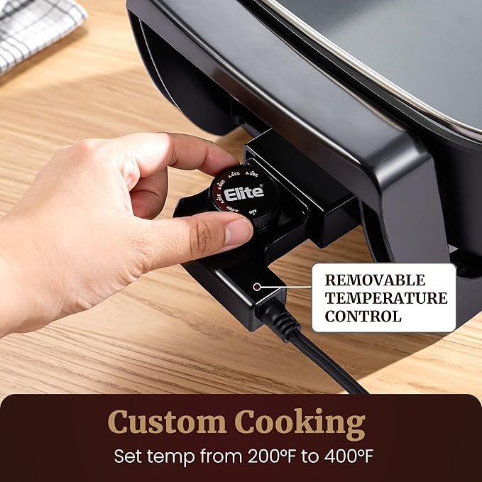 Elite Gourmet 15" x 12" x 4" Electric Skillet, Xtra Deep Dish, Ceralast™ PFAS Free Ceramic, 1500W Rapid Heat, Tempered Glass Vented Lid, Dishwasher Safe, 12.5 Qt., Black/Gray