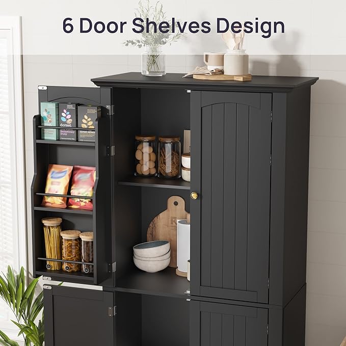 MHOM 71" Tall Pantry Cabinet, Farmhouse Kitchen Storage Cabinet with 6 Hanging Shelves and Adjustable Shelves, Freestanding Cupboard for Kitchen & Dining Room, Black