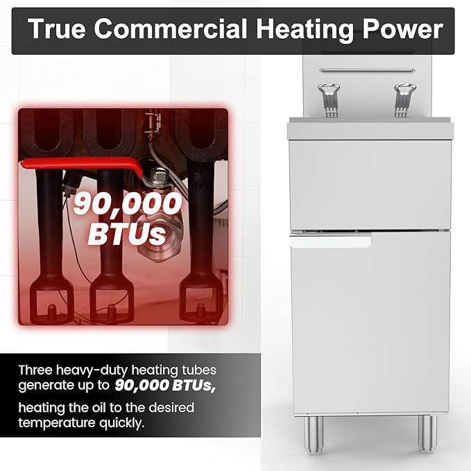 Commercial Deep Fryer, 3-Burner Fryer for Restaurants, Stainless Steel Gas Floor Fryer with 2 Baskets and Adjustable Temperature, Liquid Propane Powered, 40 LBS Capacity, 400°F, 90,000 BTU
