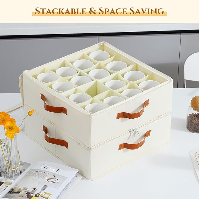 2 Pack Coffee Mug Storage Box with Dividers, Stackable China Storage Containers with Lid, Zipper, and Handles for 32 Coffee Mugs and Cups, Mug Storage Organizer for Packing & Moving, Beige