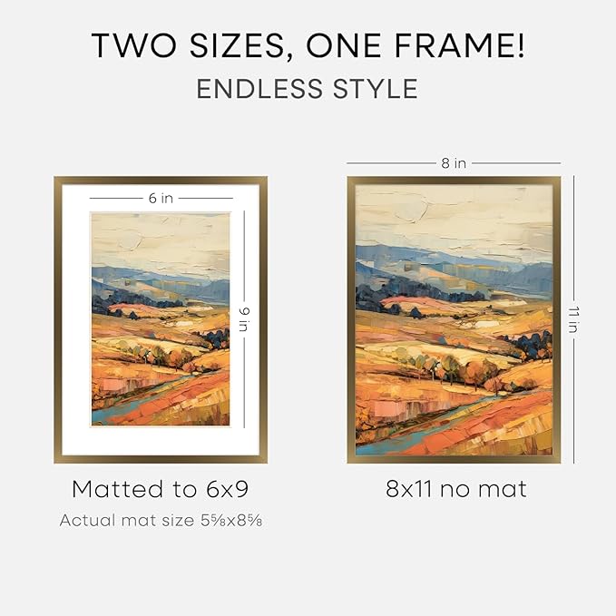 Homeforia 8x11 Picture Frame Bronze, High End Metal 8 x 11 Brass Frames with Mat 6 by 9 for Photo, 11x8 Frame Matted to 6x9 inch Print, 8by11 Wall or Tabletop Frame, Tempered Glass, Wall Kit, Set of 1