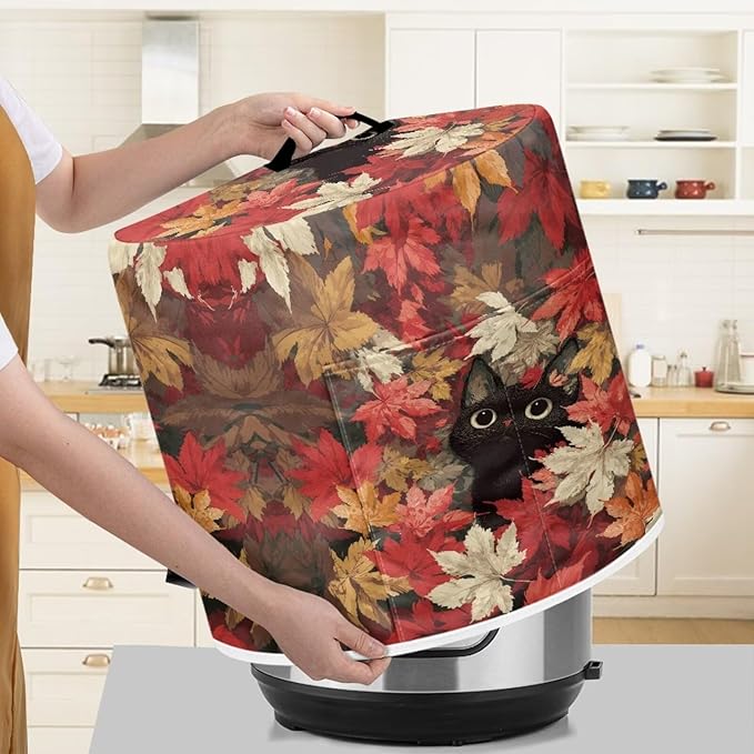 Xoenoiee Cat Maple Leaf Kitchen Appliance Dust Cover with Pockets, Electric Pressure Cooker Cover Compatible with Crock Pot, Rice Cooker Covers Fall Decor, for 3 Qt Pot