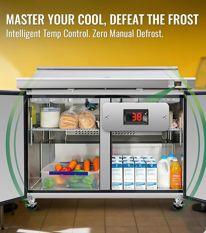 60" W Commercial Refrigerator Sandwich Salad Prep Table, 18.6 Cu.Ft Stainless Steel Food Prep Fridge with 16 Pans, Self-closing Door, Adjustable Shelves, Auto Defrost, Good Choice for Salad Shops