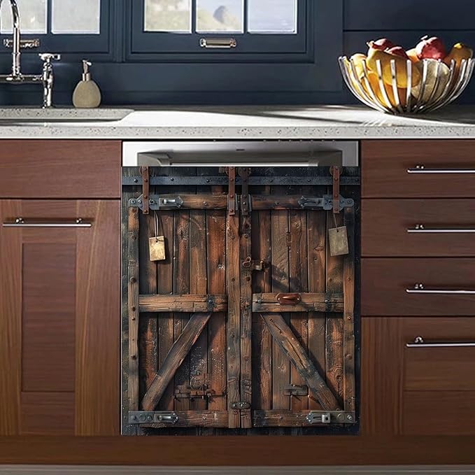 Barn Wooden Door Dishwasher Cover Panel Sticker, Vintage Wooden Door Skin Cover for Dishwasher Refrigerator Cabinets (23" x 26" Ordinary)