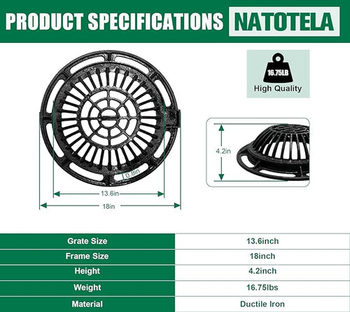 12in Ductile Iron Atrium Drain Grate and Frame,Dome Durable Metal Overflow Relief Gully Dome Grate with Bolted Down Base,Cast Iron Sewage Drain Grates for Garden,Yard,Lawn(Overall Size 14.2")
