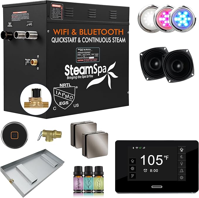 SteamSpa Steam System 12kW Steam Shower Generator with Bluetooth Wifi, Quickstart Continous Steam, Advanced Touch Pad Screen, Chroma Lights, Drain Pan and Auto Drain Brushed Nickel RVBS1200BN-A