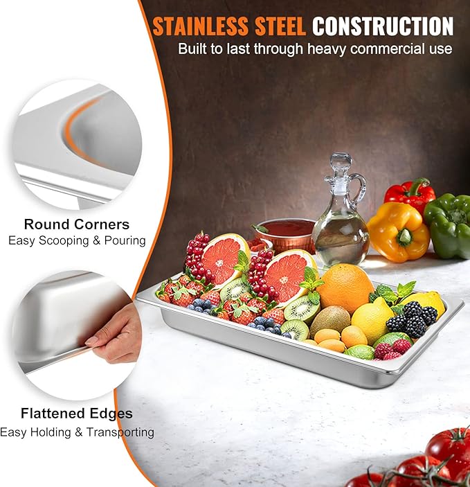 VEVOR Hotel Pans Full Size 2.5 Inch Deep, Steam Table Pans 6 Pack,0.8mm Thick Stainless Steel Hotel Pan Anti Jam Steam Table Pan, for Home, Party, Restaurant, Hotel, Buffet