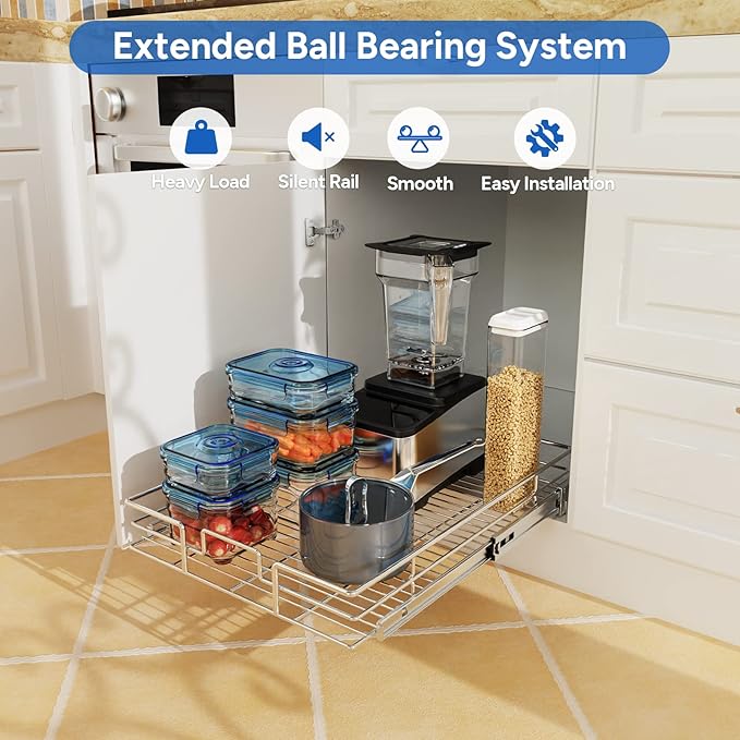 ROOMTEC Pull Out Cabinet Organizer, Cabinet Pull Out Shelves 14" W x 18" D, Heavy Duty Cabinet Drawers Slide Out Kitchen Cabinet Organizers Storage Shelf
