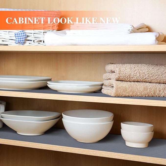 Shelf Liners for Kitchen Cabinets, 14Inch x 30Ft, Non-Adhesive Shelf Liner, Non-Slip Kitchen Drawer Liners, Waterproof Durable Cabinet Liners for Shelves, Cupboard, Pantry, Gray