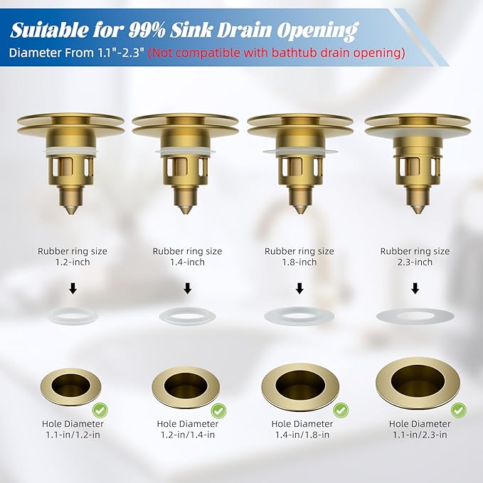 Hibbent All Metal 2 in 1 Bathroom Sink Stopper, Universal Pop Up Drain Strainer, Brass Bullet Core Push Type Sink Stopper for 1.1''~2.3'' Basin, Big Push Button, Anti Clogging Filter, Brushed Gold
