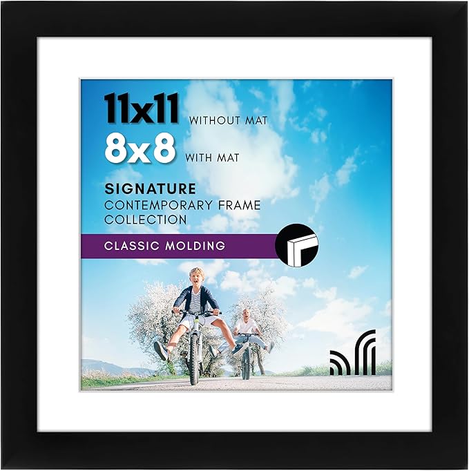 Americanflat 11x11 Picture Frame with Shatter-Resistant Glass - Use as 8x8 Frame with Mat or Display 11x11 Photo Without Mat - Signature Collection - Square Frames for Wall Display - Black