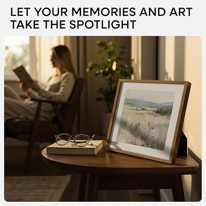 Homeforia 10x10 Picture Frame Bronze, High End Metal 10 by 10 Square Brass Frames with Mat 8 x 8 Photo, 10x10 Poster Frame Matted to 8x8 Art, Wall or Tabletop Frame, Tempered Glass, Wall Kit, Set of 4