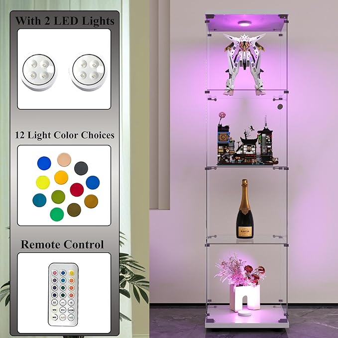 Frameless Glass Display Cabinet, Curio Cabinet Display Case with LED Lights and Lock, Quick-Install Floor Standing Showcase Display Shelf for Collectibles, Legos, Figures, Plants, White