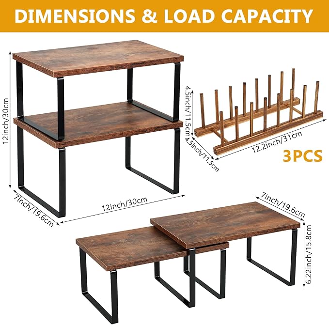 5 Pcs Kitchen Organizer Accessories Set Kitchen Storage Organizer Versatile Display Shelf Include Cabinet Organizer Shelf and Bamboo Dish Drying Plate Rack for Dish Plate Cup Pot Lid Cutting Bowl Cup