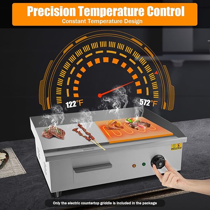 Electric Griddle, Electric Countertop Flat Top Griddle, 110V 3000W Stainless Steel Non-Stick Flat Top Grill, 122-572℉ Adjustable Temp Control for Restaurant Kitchen BBQ Pancake