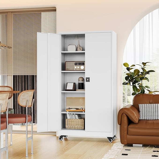 Metal Rolling Storage Cabinet-74.6” Tall Steel File Cabinets with Wheels Lockable Doors and Adjustable Shelves-White Steel Storage Cabinet for Home, School, Office, Garage