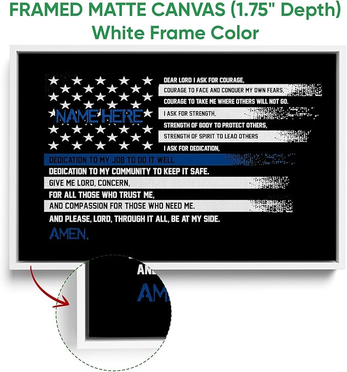 Personalized Police Poster & Framed Canvas, Police Officer Prayer Thin Blue Line Home Office Decor, Custom Name Bedroom Living Room Aesthetic Wall Art Gift For Men, Women, Son