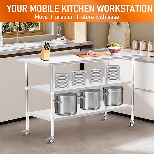 Stainless Steel Prep Table 24" X 60" with 2 Adjustable Undershelves, Backsplash and Wheels, Commercial Metal Workstations for Kitchen, Garage, Outdoor BBQ