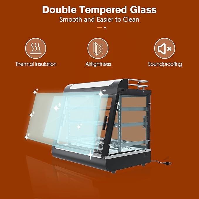 27 inch Commercial Food Warming Cabinet, 3 Tier Countertop Heated with Top Rack for Pizza/Pretzel, Three Color, Temper Glass, w/Thermometer Adjustable Thermostat for Cafe Kitchen Restaurant