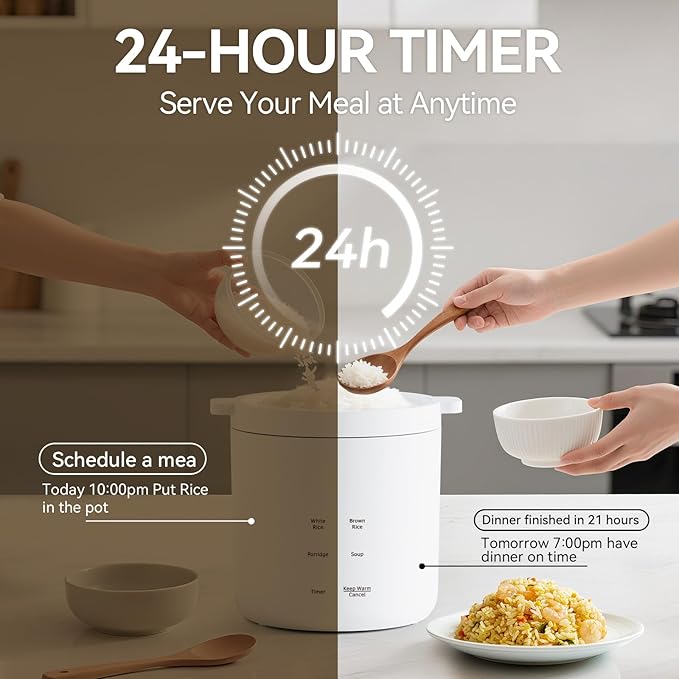 Rice Cooker 2 Cup Uncooked, Mini Rice Cooker Small Electric Cooker with 4 Cooking Functions, 24 Hour Preset, Heat Preservation, Non-Stick Ceramic Coating for 1-2 People