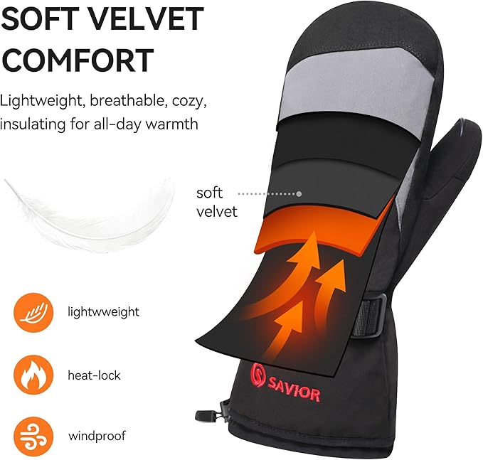 SAVIOR HEAT Heated Mittens Battery Ski Gloves, Upgraded Electric Rechargeable Mitts for Skiing Camping Hiking Arthritis Hands Men Women