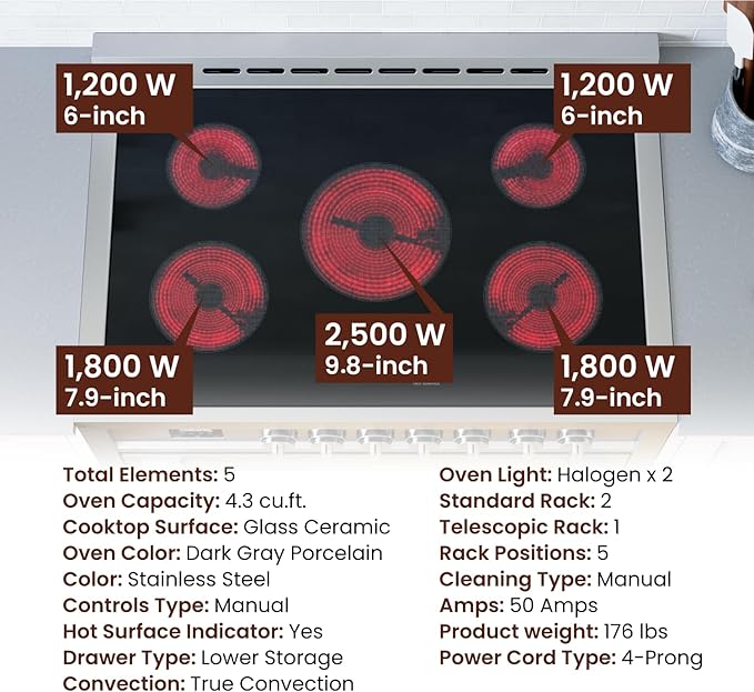 Rangaire RRE361TS 36" Electric Range Oven with Timer - Stainless Steel, Infrared Stove Burners, True Convection, Easy Reach Racks
