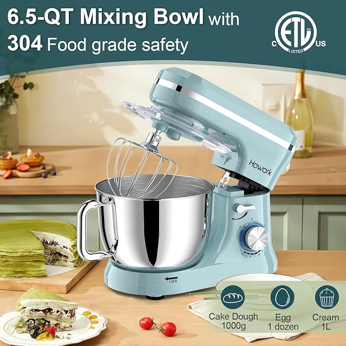 HOWORK Electric Stand Mixer,10+p Speeds Kitchen Mixer With 6.5QT Stainless Steel Bowl,Dough Hook, Wire Whip & Beater,for Most Home Cooks(Blue)