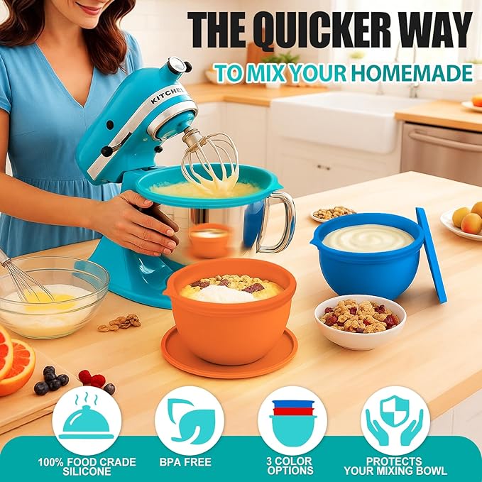Upgraded 4.5-5QT Silicone Bowl Liners for KitchenAid Mixer, Thick Design with Pour Spout, Measurement Marks & Hanging Holes for Easy Storage, 3-Pack with Lids, No-Spill & Space-Saving