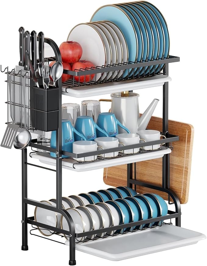 3-Tier Large Capacity Dish Drying Rack for Kitchen Counter - Rustproof Carbon Steel Multifunctional Dish Drainer with Removable Drain Tray, Cutlery & Cup Holders, Space-Saving Kitchen Organizer