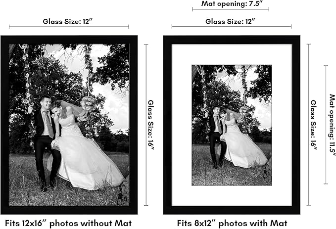 Americanflat 12x16 Picture Frame with Shatter-Resistant Glass - Use as 8x12 Frame with Mat or Display 12x16 Photo Without Mat - Signature Collection - Picture Frames for Wall Display - Black