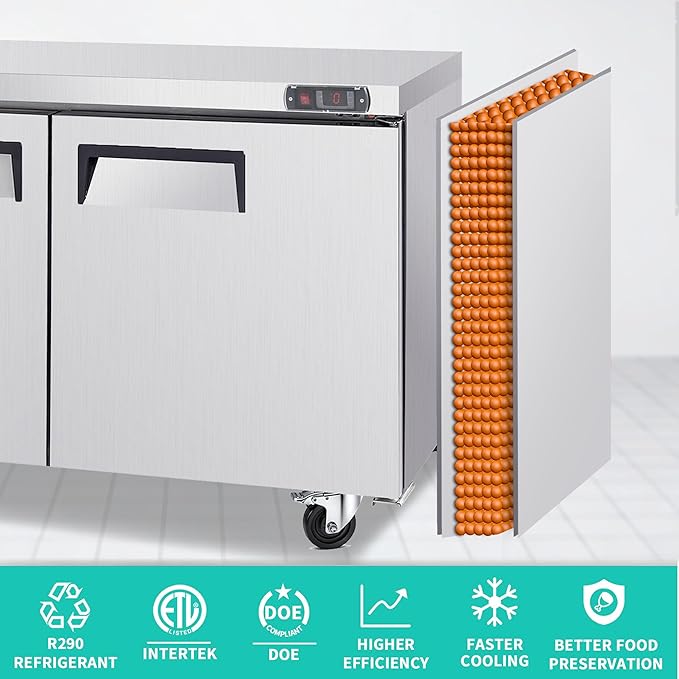 60" Commercial Double Door Worktop Freezer, 17 Cu.ft Stainless Steel Undercounter Freezer, -8–0°F, R290