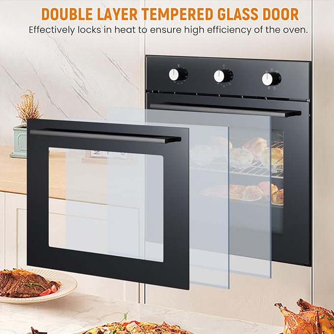 24 Inch Built-in Electric Single Wall Oven, 2.5Cu.ft. Stainless Steel Convection Oven with 8 Cooking Functions, Mechanical Knob Control, Timer, Convection Fan and Safety Lock, 3000W, Black