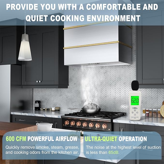 Akicon Range Hood 36 Inch, Stainless Steel Ducted Kitchen Hood with Powerful Motor, Wall Mount Modern Box, 36W X 30H X 14D Inch, AK-HS36HA-BSG (Brushed Stainless with Gold)