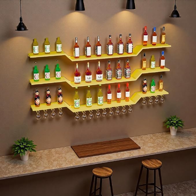63" Wall Mounted LED Wine Rack, 3-Tier Floating Bar Shelves, Large Liquor Shelf with Wine Glass Rack, Large Bar Rack Wall Mounted for Liquor Bottles, Home Bar, Dining Room or Cafe, Gold