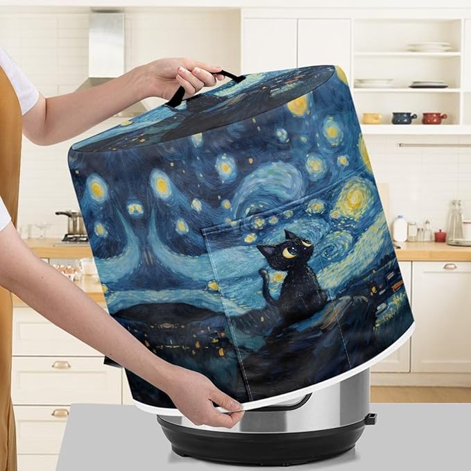 Xoenoiee Cat and Starry Night Pattern Kitchen Appliance Dust Covers with Pockets, Electric Pressure Cooker Cover Compatible with Crock Pot, Rice Cooker Cover, for 3 Qt