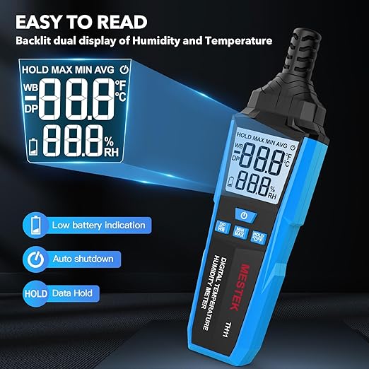 MESTEK Temperature Humidity Meter, High Precision Digital Hygrometer with Ambient, Dew Point, Wet Bulb Temperature for Indoor Outdoor, Thermometer with Min/Max, Data Hold, LCD Backlight, TH11